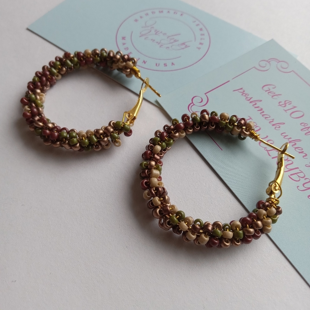 Hand Crafted Multicolor Beaded Hoop Earrings - Picture 1 of 5